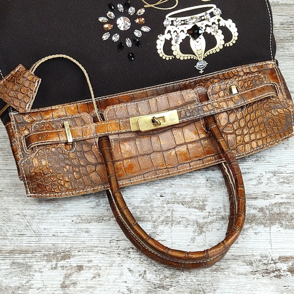 🟧Accessoires De Mademoiselle Cova Leather Croc & Canvas Bag - Picture 8 of 16